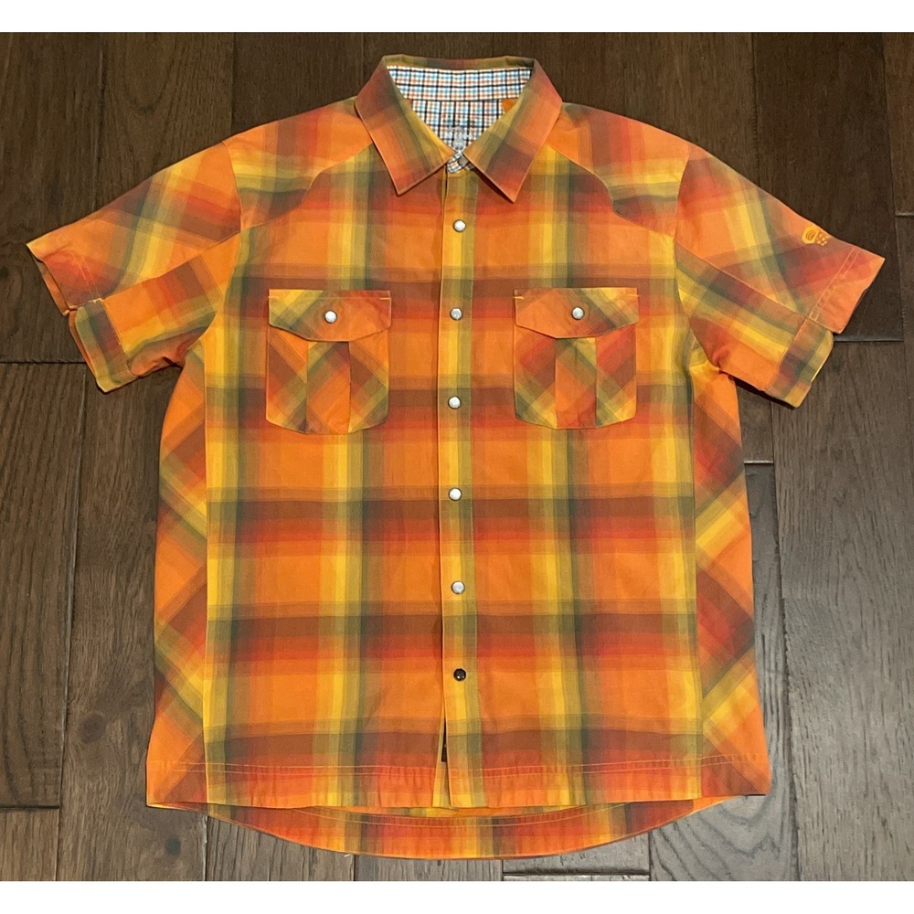 Mountain‎ Hardwear Shirt Mens Medium Orange Plaid Pearl Snap Short Sleeve